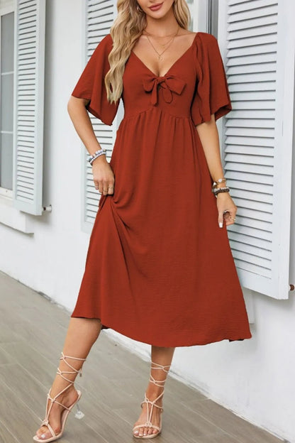 Smocked Tie Front Flutter Sleeve Midi Dress - adritiX