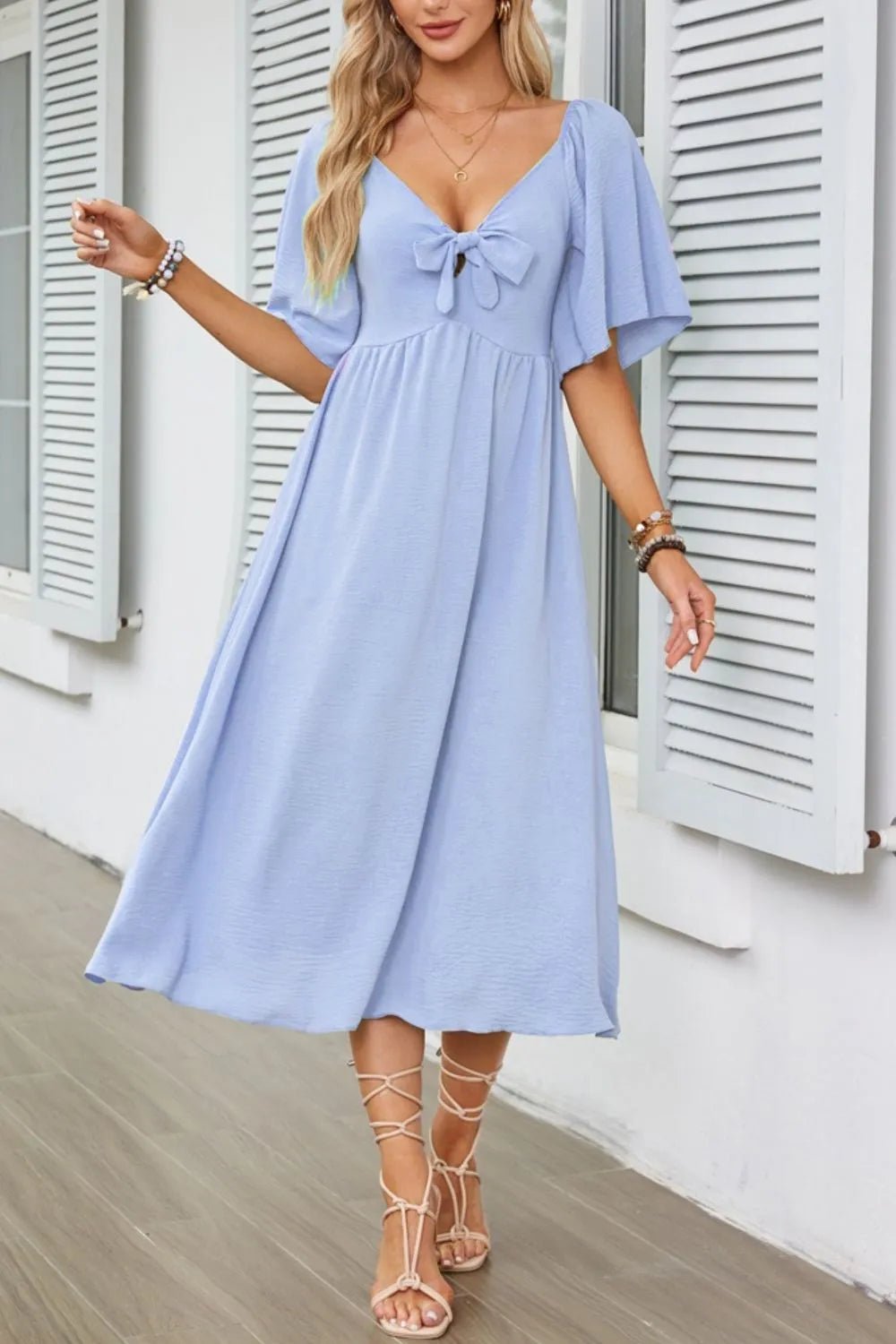 Smocked Tie Front Flutter Sleeve Midi Dress - adritiX