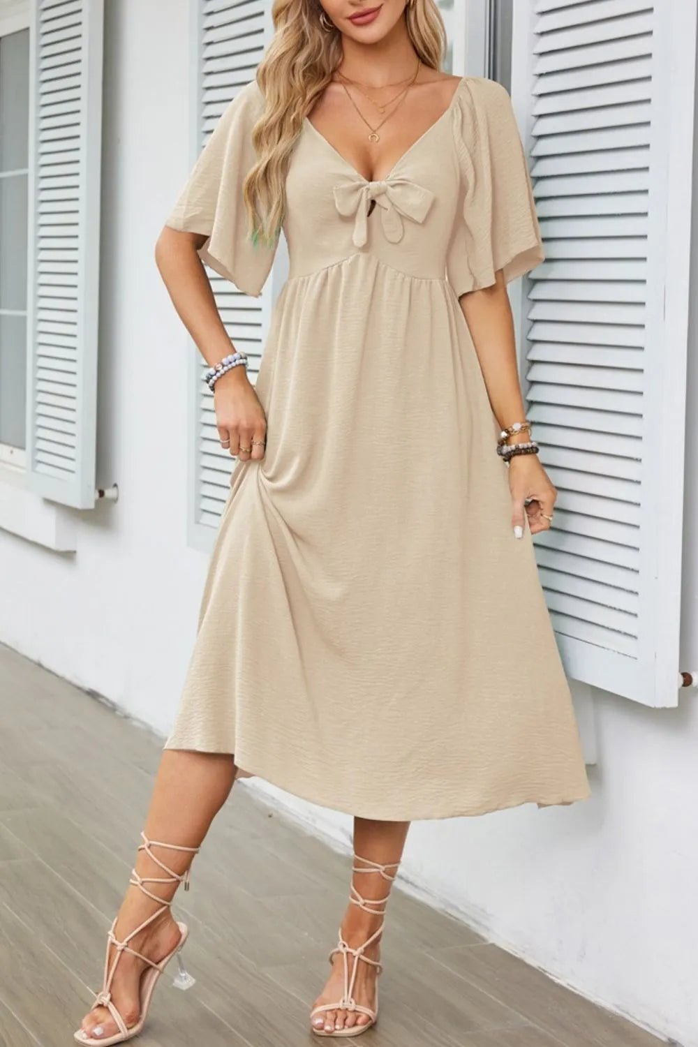 Smocked Tie Front Flutter Sleeve Midi Dress - adritiX