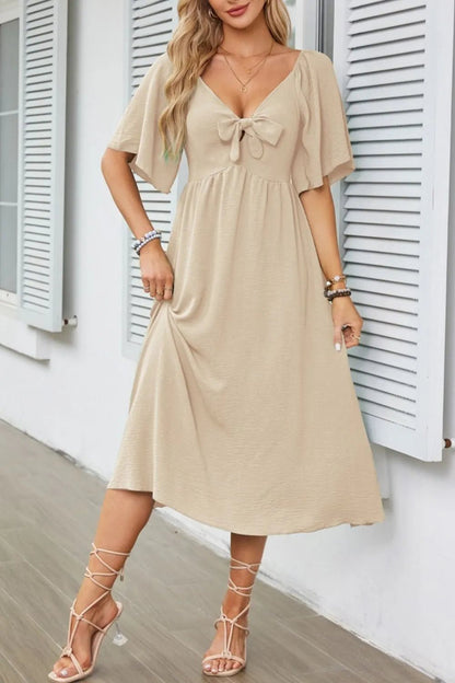 Smocked Tie Front Flutter Sleeve Midi Dress - adritiX