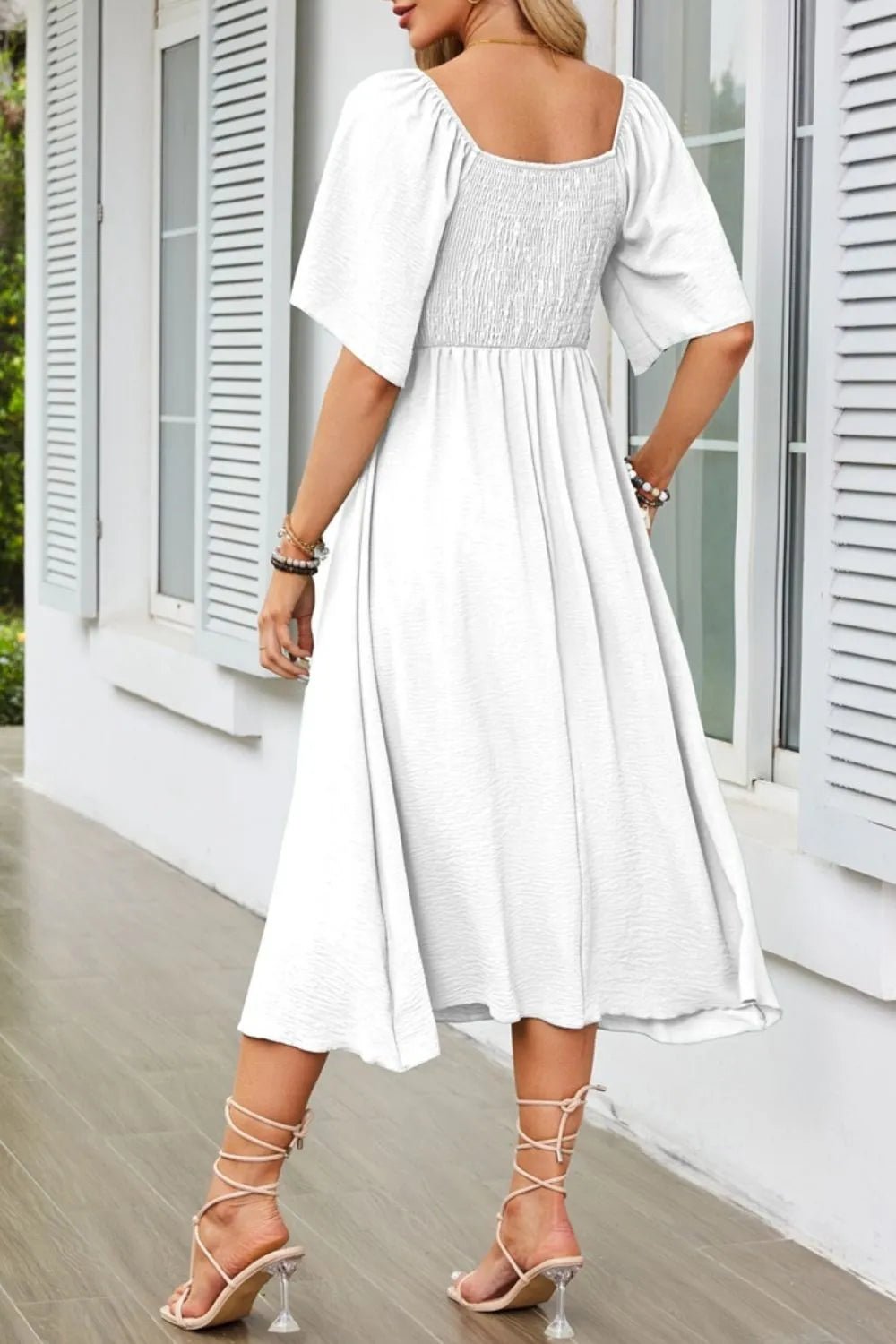 Smocked Tie Front Flutter Sleeve Midi Dress - adritiX