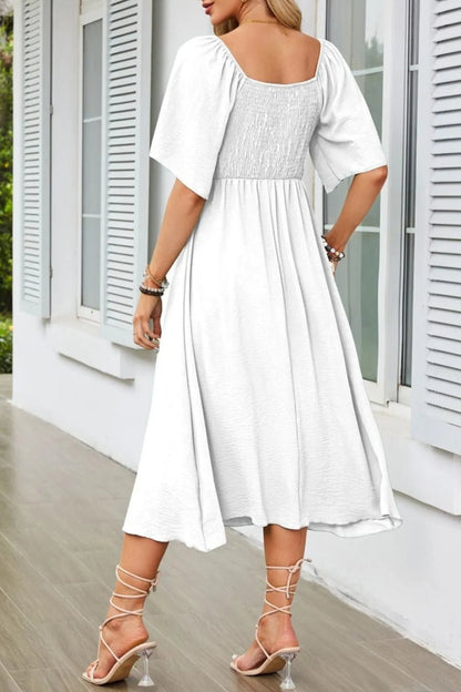 Smocked Tie Front Flutter Sleeve Midi Dress - adritiX