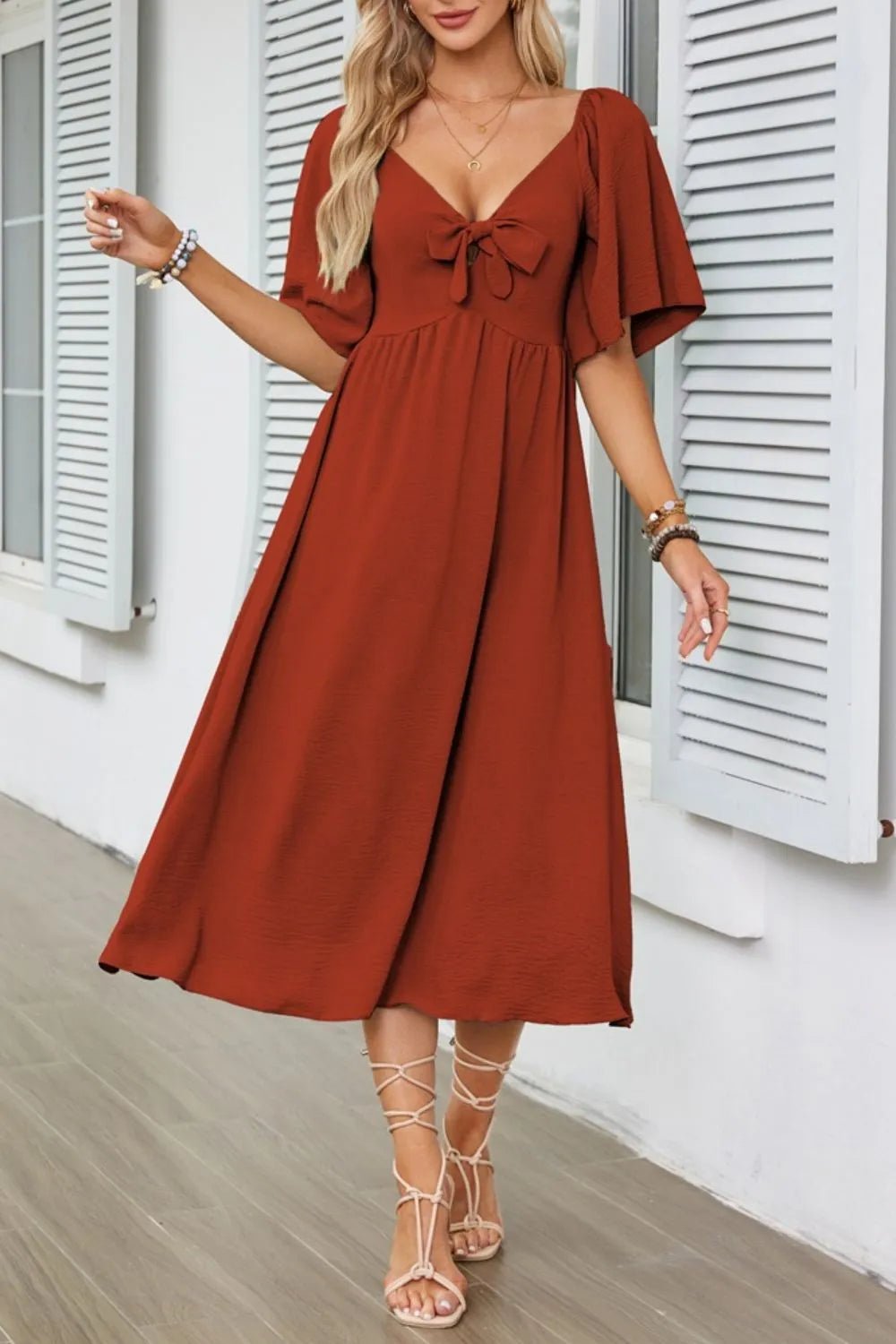 Smocked Tie Front Flutter Sleeve Midi Dress - adritiX