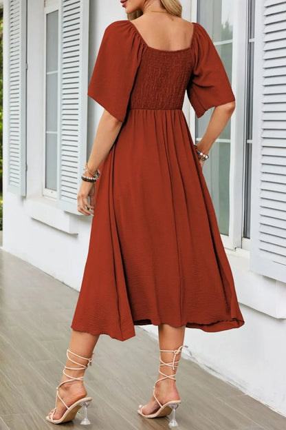 Smocked Tie Front Flutter Sleeve Midi Dress - adritiX