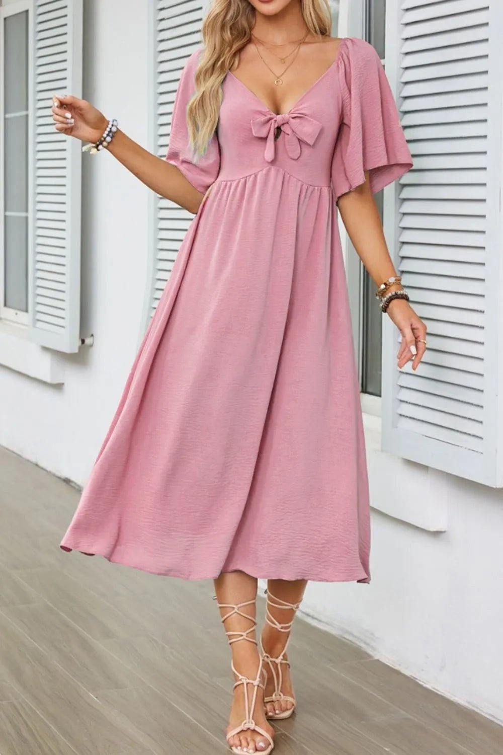 Smocked Tie Front Flutter Sleeve Midi Dress - adritiX