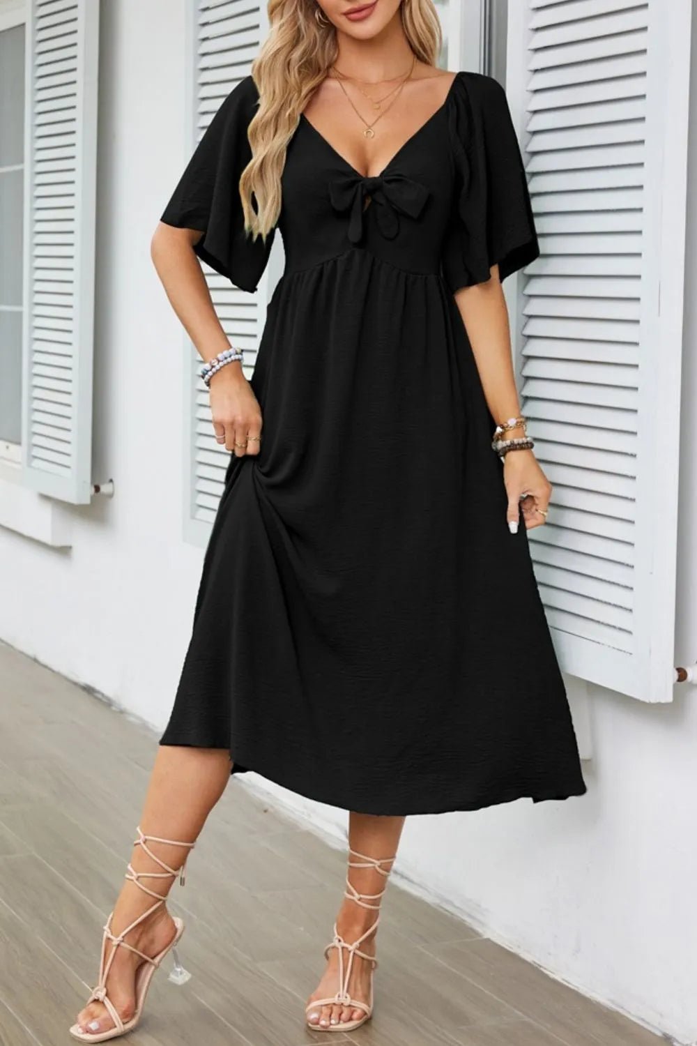 Smocked Tie Front Flutter Sleeve Midi Dress - adritiX