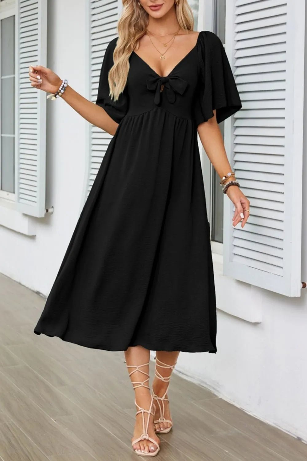 Smocked Tie Front Flutter Sleeve Midi Dress - adritiX