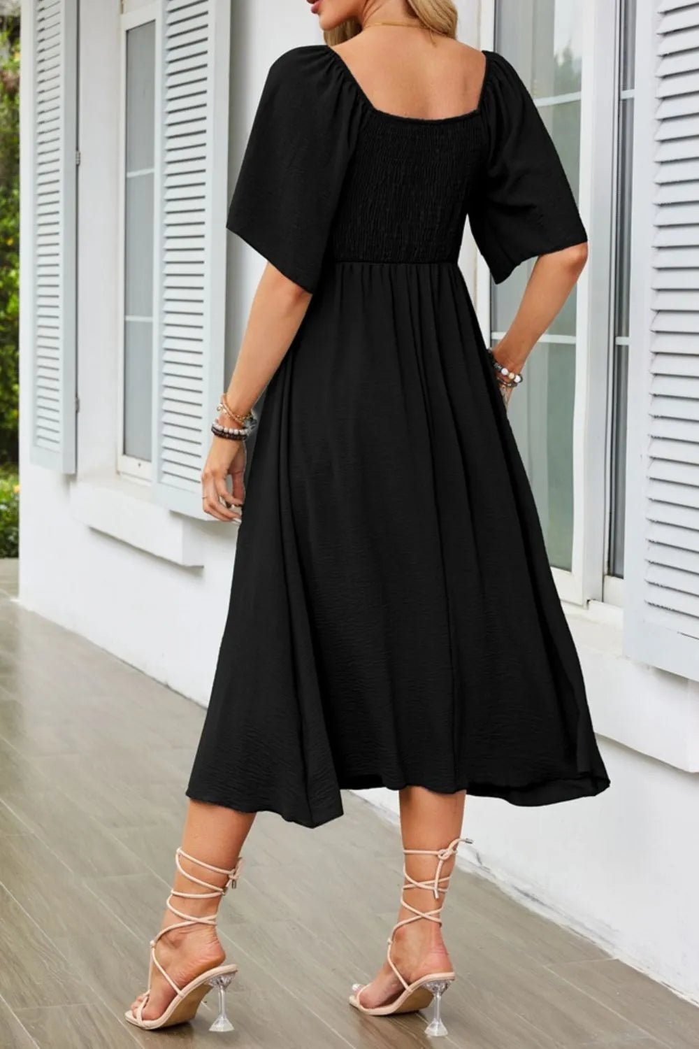 Smocked Tie Front Flutter Sleeve Midi Dress - adritiX