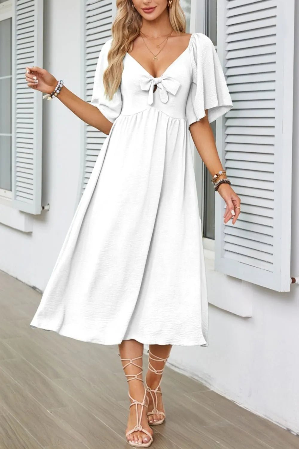 Smocked Tie Front Flutter Sleeve Midi Dress - adritiX