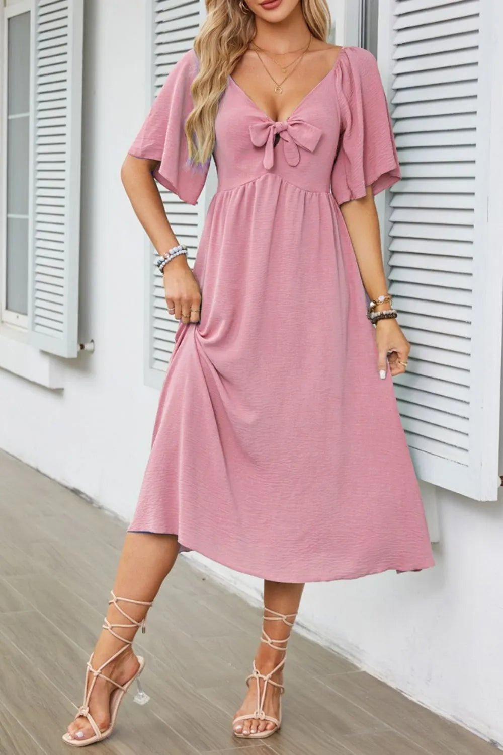 Smocked Tie Front Flutter Sleeve Midi Dress - adritiX