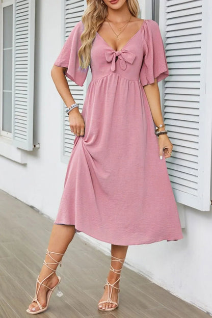 Smocked Tie Front Flutter Sleeve Midi Dress - adritiX