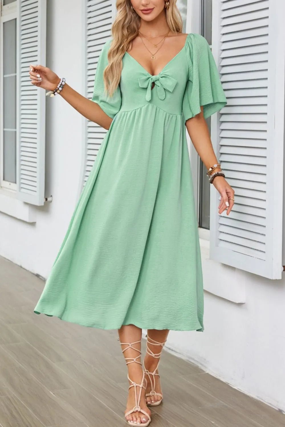 Smocked Tie Front Flutter Sleeve Midi Dress - adritiX