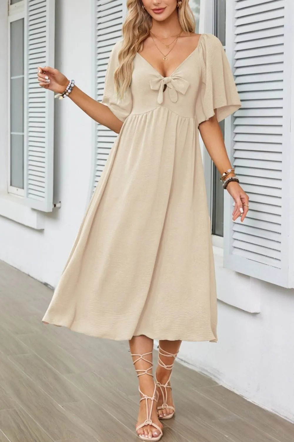 Smocked Tie Front Flutter Sleeve Midi Dress - adritiX