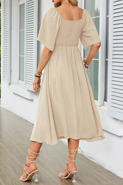 Smocked Tie Front Flutter Sleeve Midi Dress - adritiX