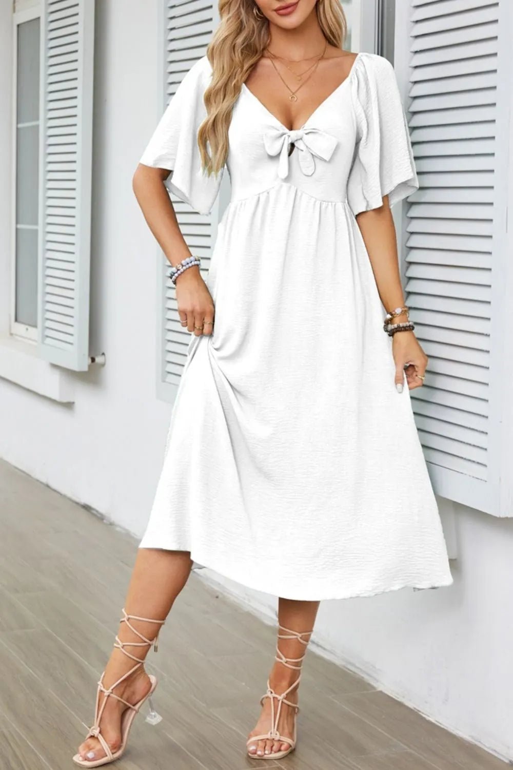 Smocked Tie Front Flutter Sleeve Midi Dress - adritiX