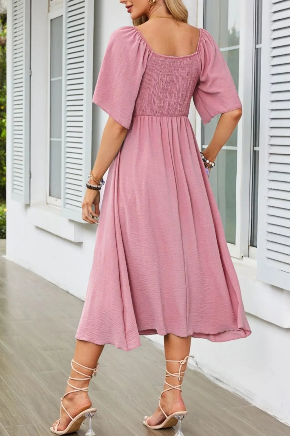Smocked Tie Front Flutter Sleeve Midi Dress - adritiX