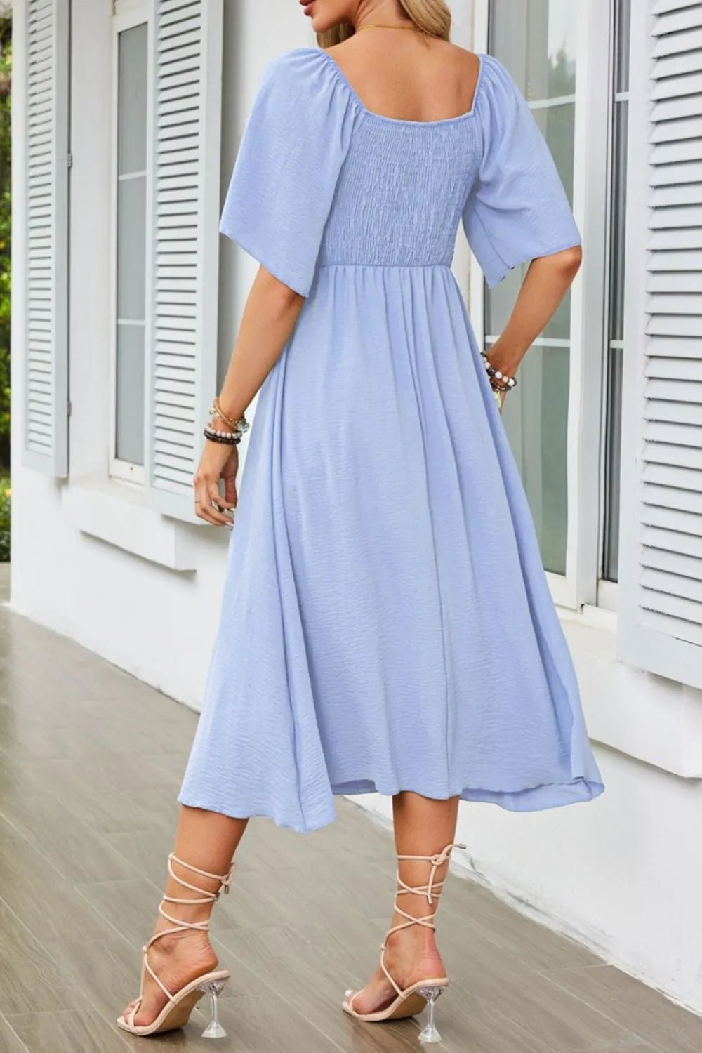 Smocked Tie Front Flutter Sleeve Midi Dress - adritiX