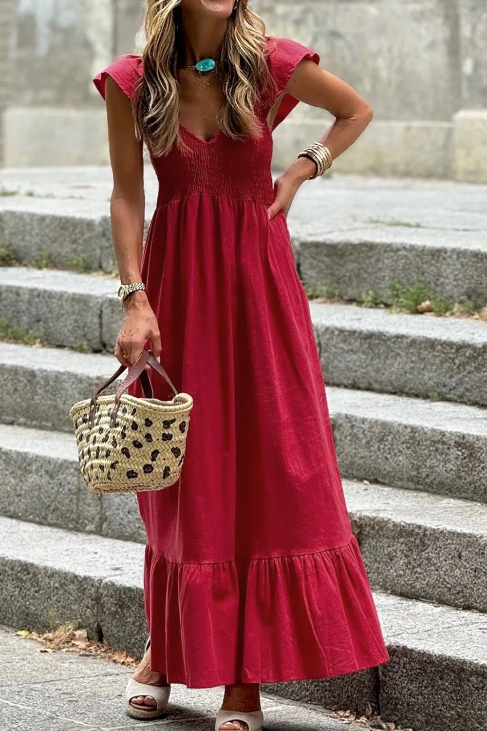 Smocked Tiered Cap Sleeve Maxi Dress - adritiX