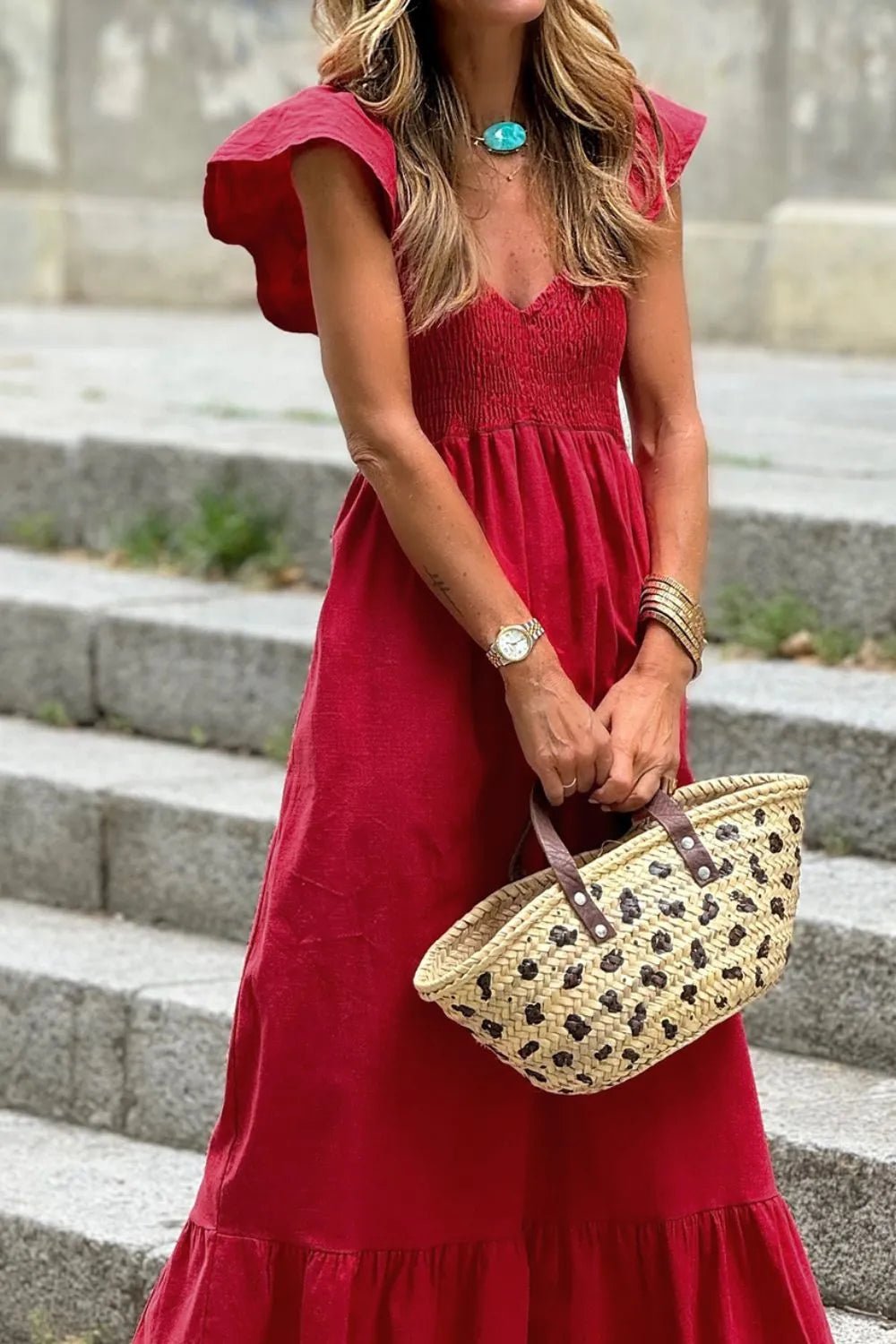 Smocked Tiered Cap Sleeve Maxi Dress - adritiX
