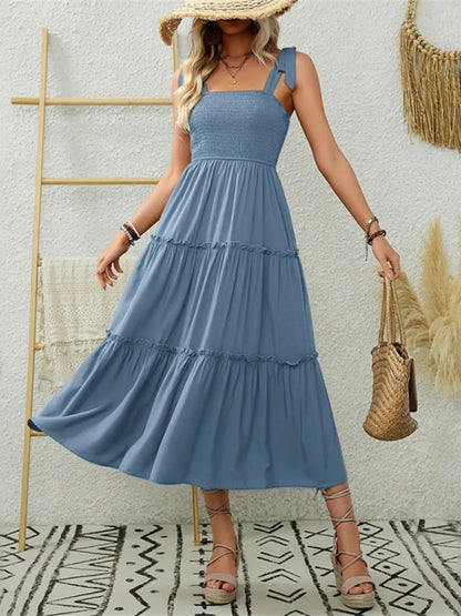 Smocked Tiered Midi Dress with Tie Straps - adritiX
