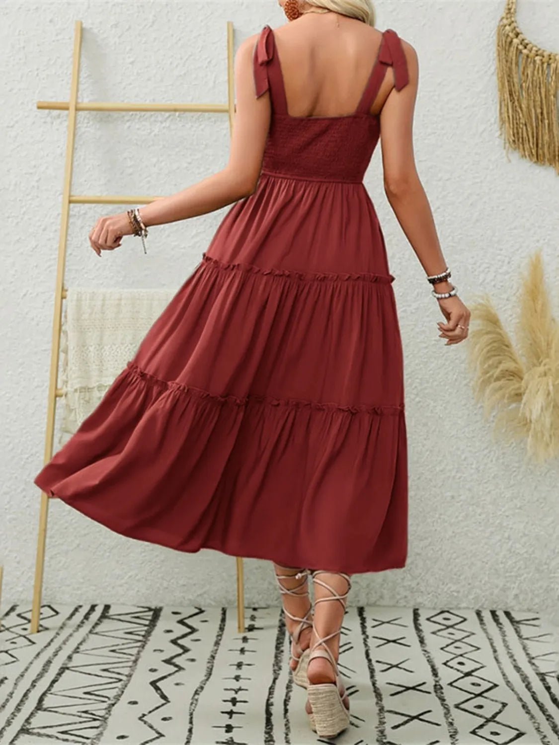 Smocked Tiered Midi Dress with Tie Straps - adritiX