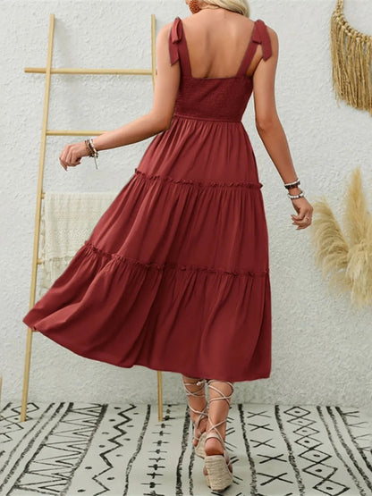 Smocked Tiered Midi Dress with Tie Straps - adritiX