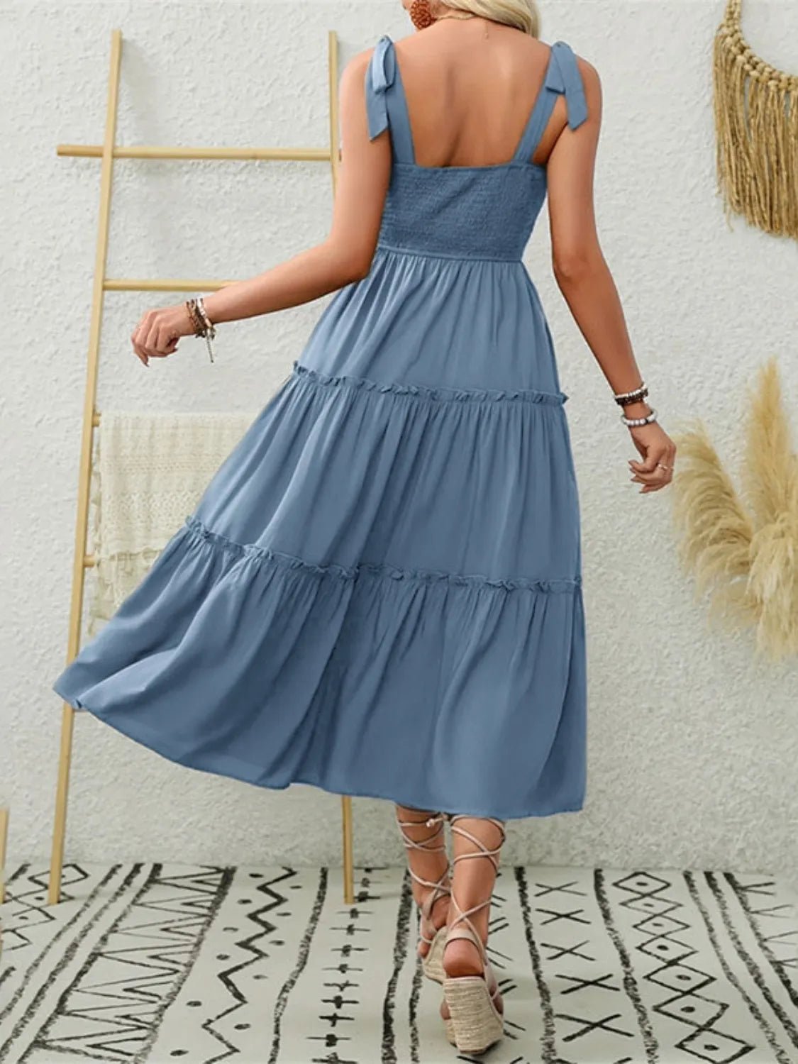 Smocked Tiered Midi Dress with Tie Straps - adritiX