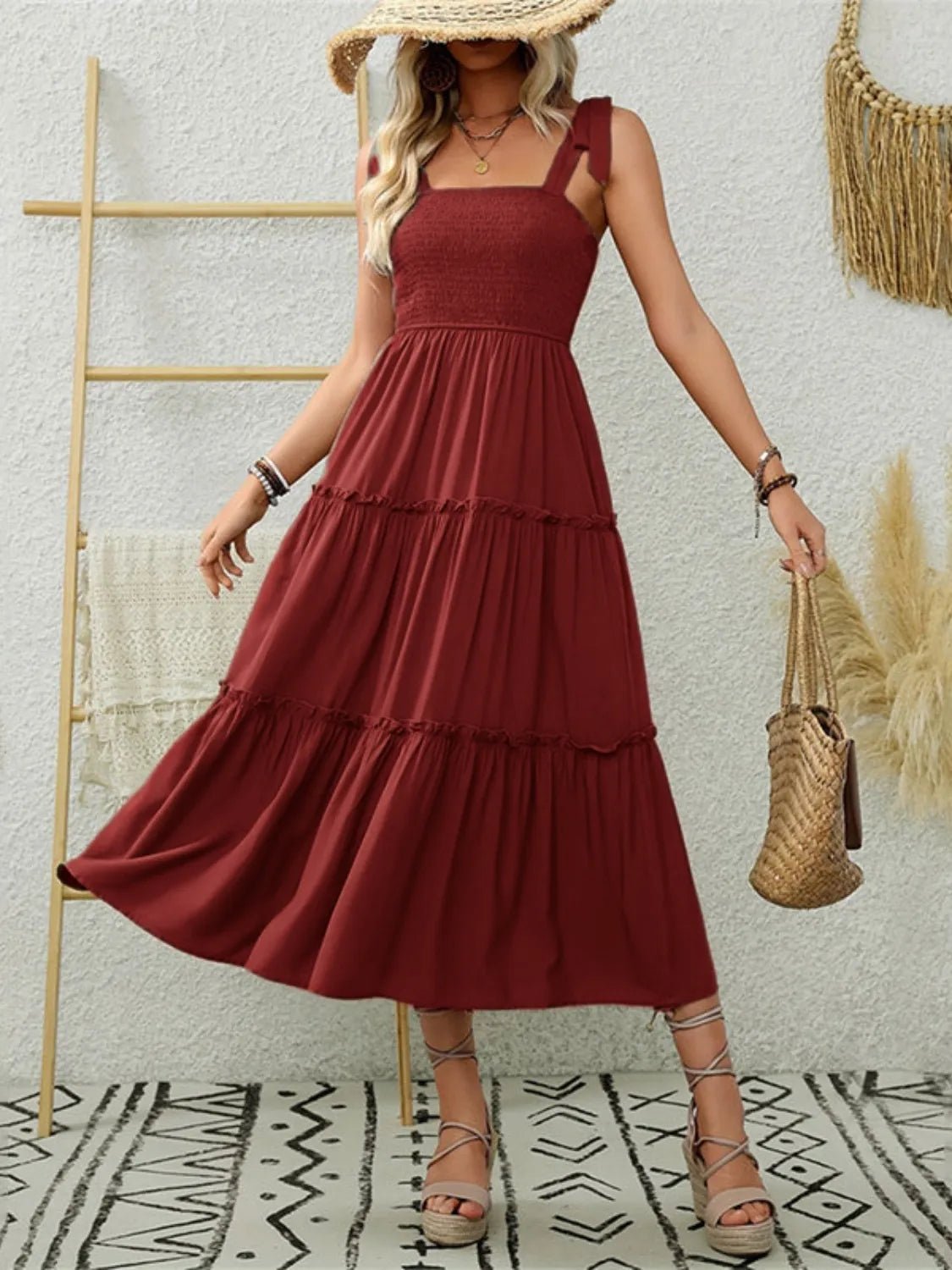 Smocked Tiered Midi Dress with Tie Straps - adritiX