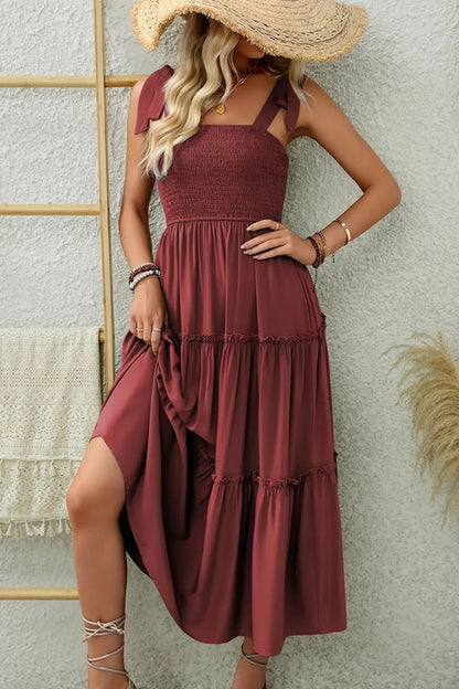 Smocked Tiered Midi Dress with Tie Straps - adritiX