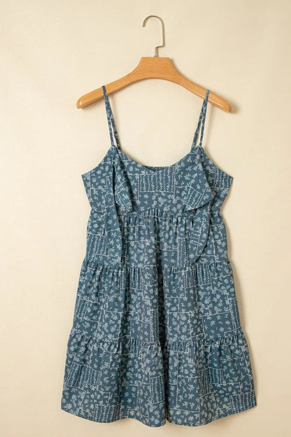 Spaghetti Straps Floral Print Knot Detail High Waist Flared Dress - adritiX