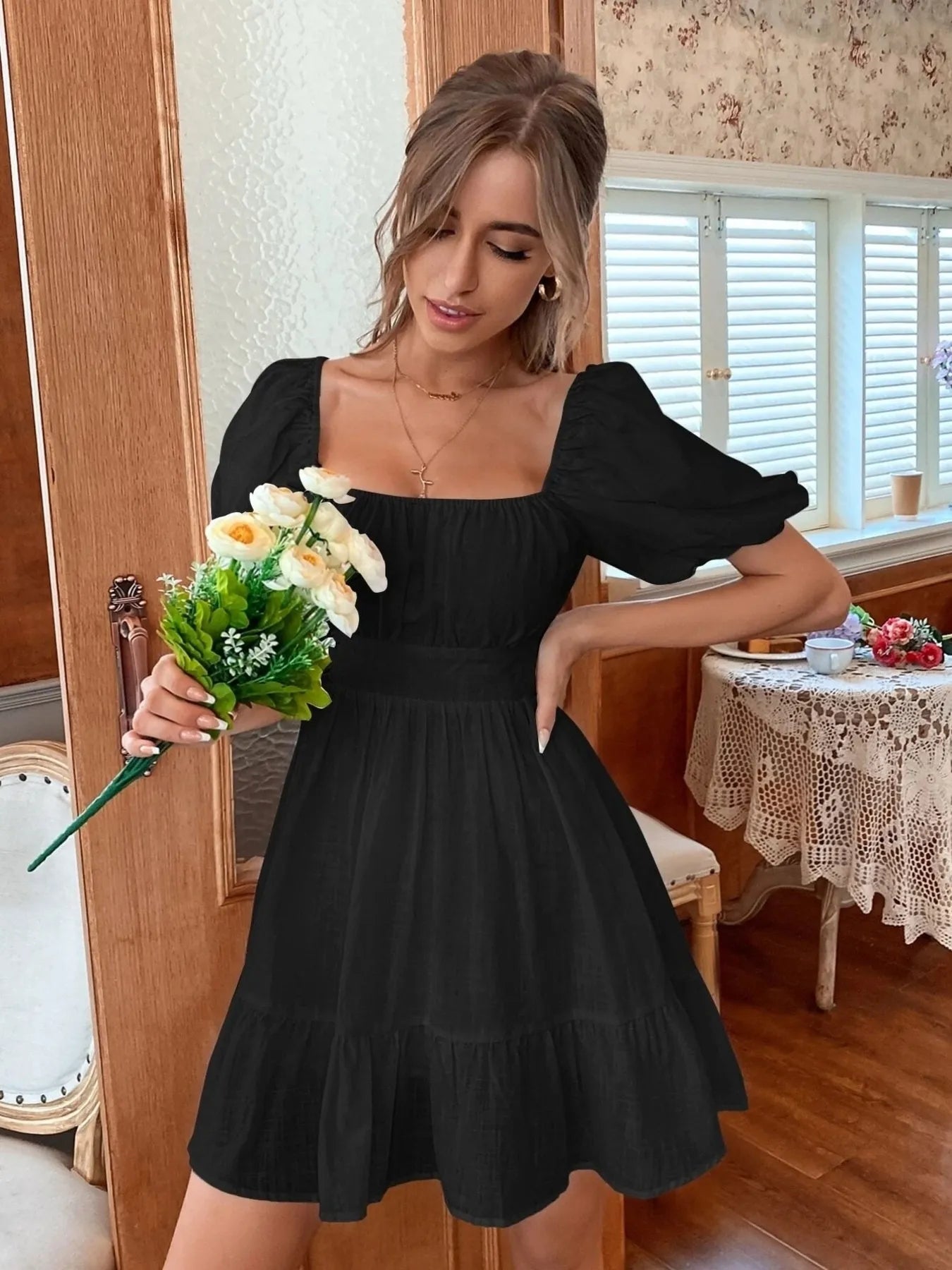 Square Neck Puff Sleeve Mini Dress - adritiX