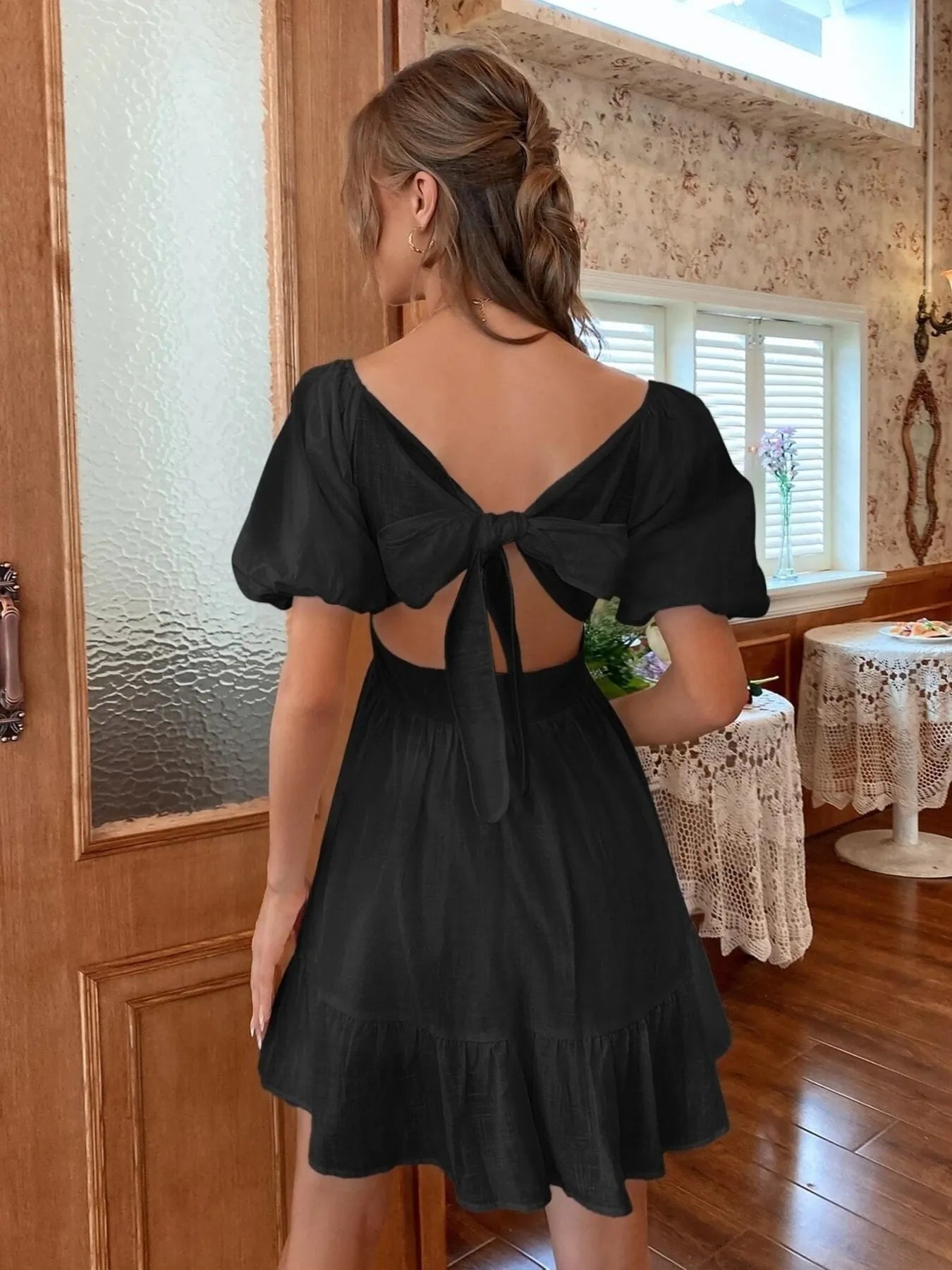 Square Neck Puff Sleeve Mini Dress - adritiX