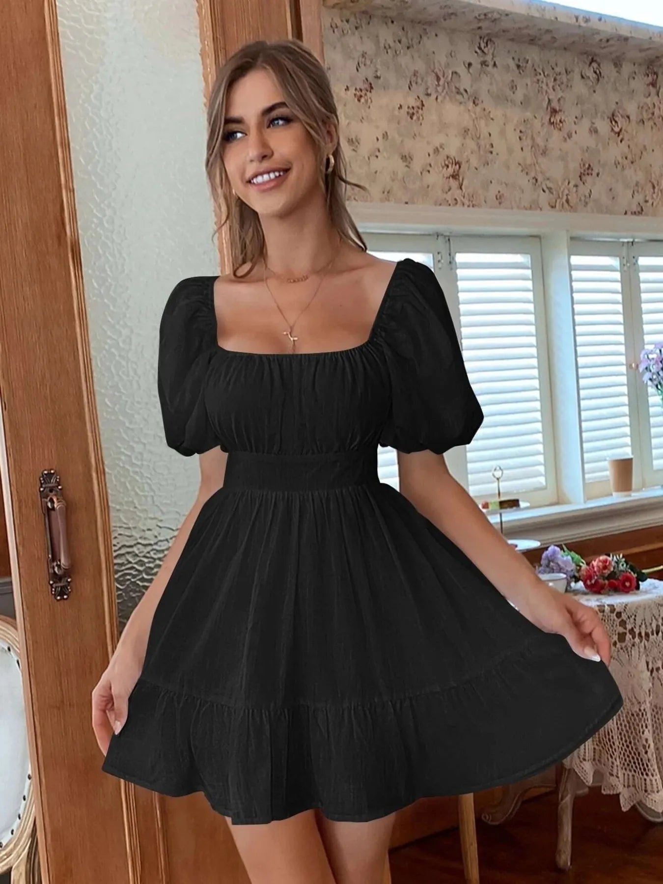 Square Neck Puff Sleeve Mini Dress - adritiX