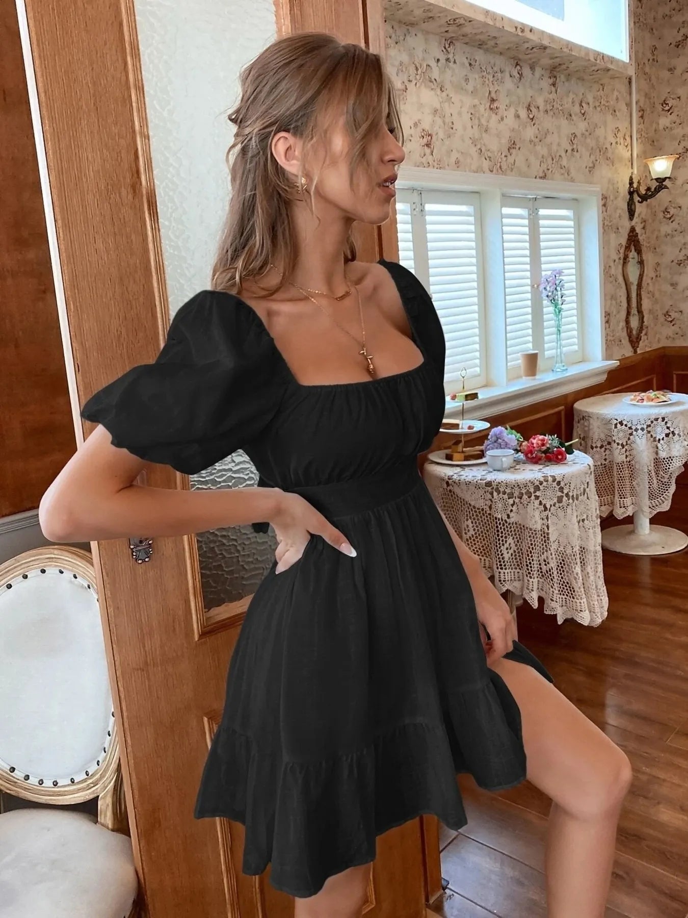 Square Neck Puff Sleeve Mini Dress - adritiX