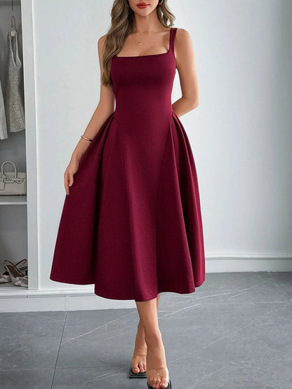 Square Neck Wide Strap Midi Dress - adritiX