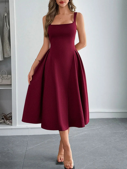 Square Neck Wide Strap Midi Dress - adritiX