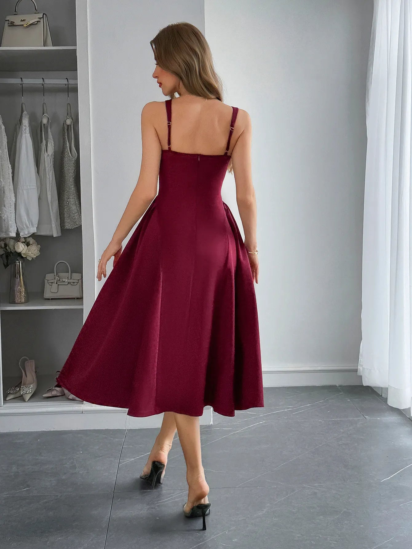Square Neck Wide Strap Midi Dress - adritiX