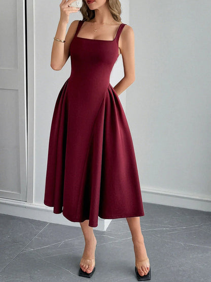 Square Neck Wide Strap Midi Dress - adritiX