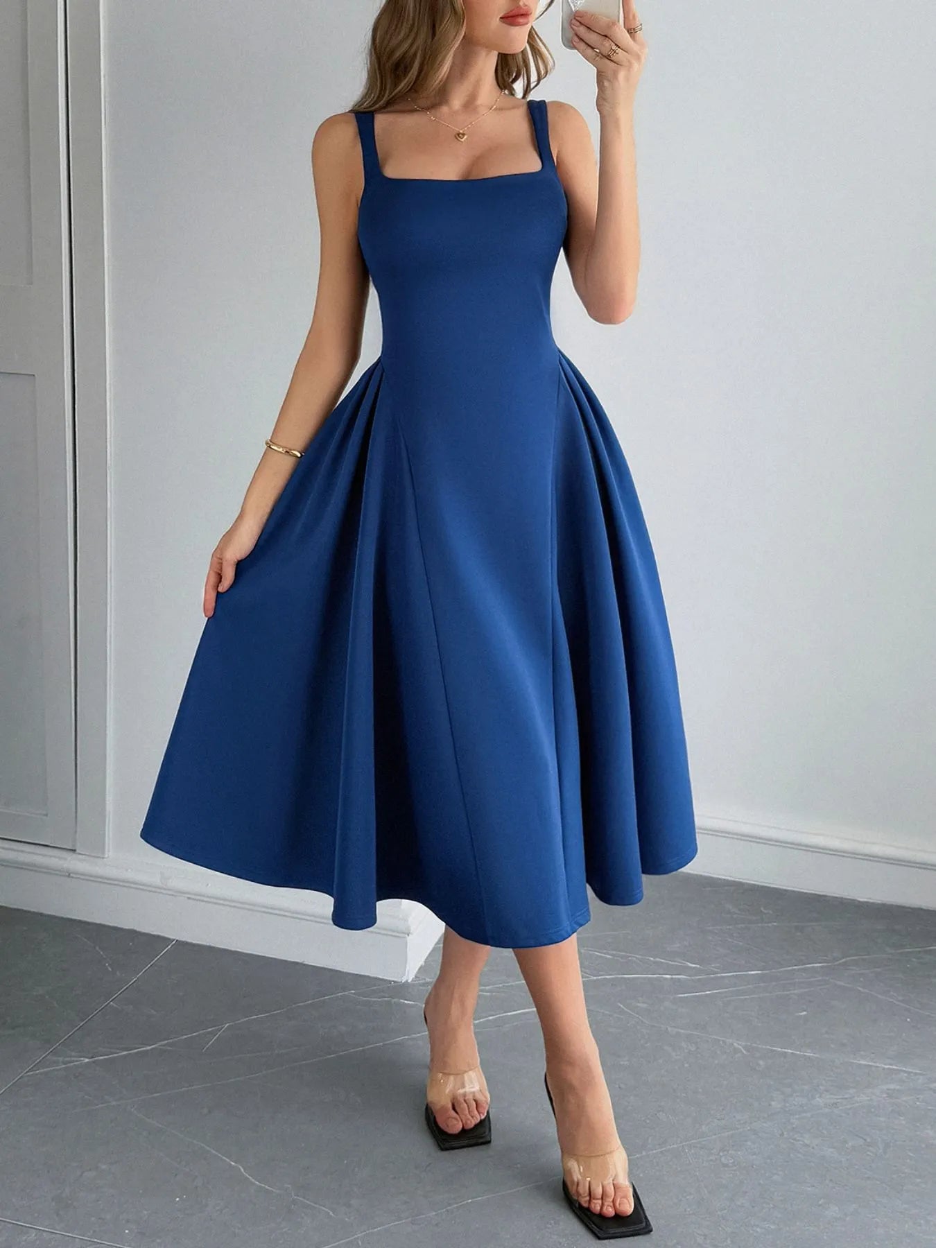 Square Neck Wide Strap Midi Dress - adritiX