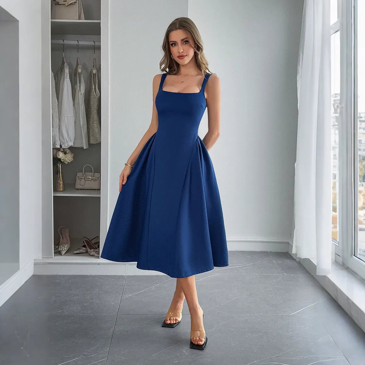 Square Neck Wide Strap Midi Dress - adritiX