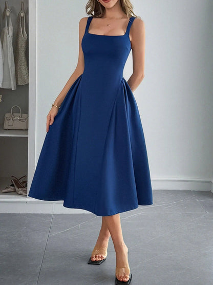 Square Neck Wide Strap Midi Dress - adritiX