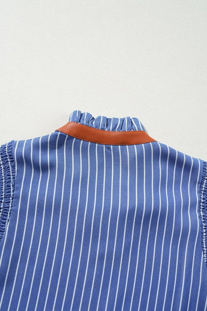 Stripe Frilly Split Neck Shirred Ruffle Sleeve Short Shift Dress - adritiX