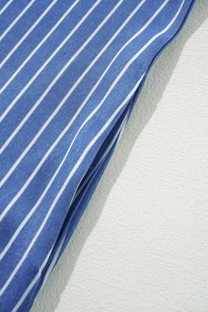 Stripe Frilly Split Neck Shirred Ruffle Sleeve Short Shift Dress - adritiX