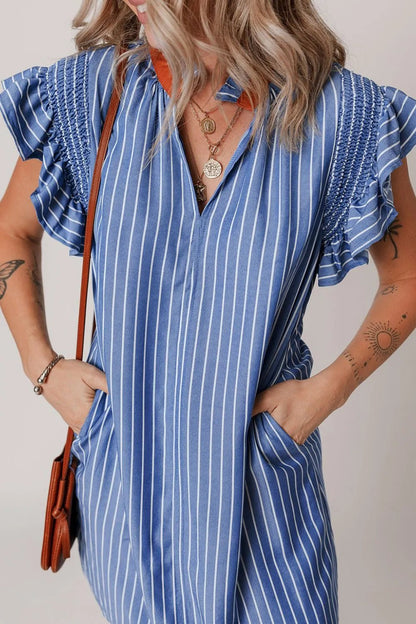 Stripe Frilly Split Neck Shirred Ruffle Sleeve Short Shift Dress - adritiX