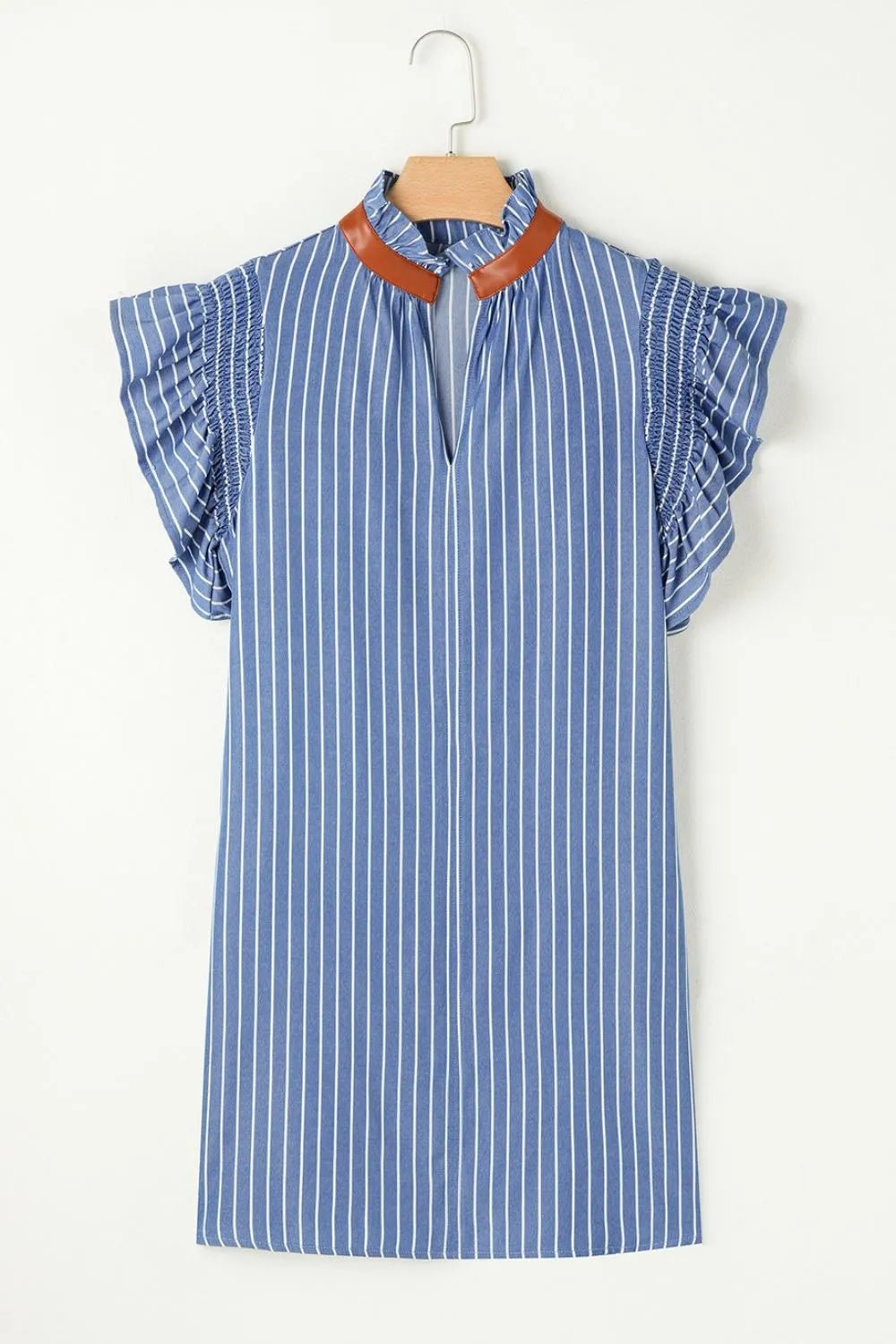 Stripe Frilly Split Neck Shirred Ruffle Sleeve Short Shift Dress - adritiX