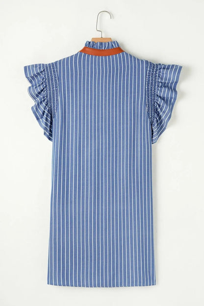 Stripe Frilly Split Neck Shirred Ruffle Sleeve Short Shift Dress - adritiX