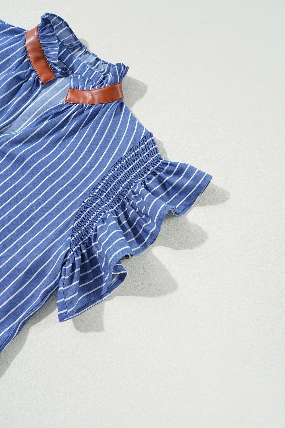 Stripe Frilly Split Neck Shirred Ruffle Sleeve Short Shift Dress - adritiX