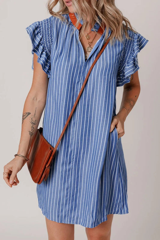Stripe Frilly Split Neck Shirred Ruffle Sleeve Short Shift Dress - adritiX