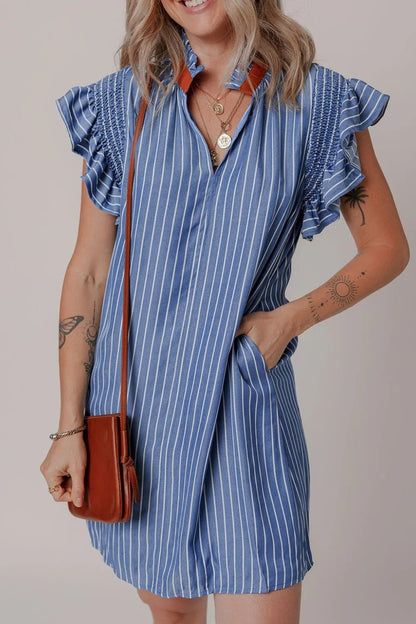 Stripe Frilly Split Neck Shirred Ruffle Sleeve Short Shift Dress - adritiX