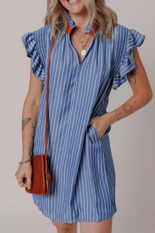 Stripe Frilly Split Neck Shirred Ruffle Sleeve Short Shift Dress - adritiX